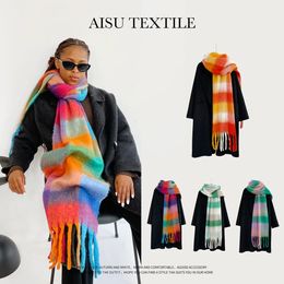 Scarves Faux Cashmere Scarf Women Girl Fashion Colorful Plaid Shawl Stole Wraps Winter Outdoor Kerchief 210 40cm 231106