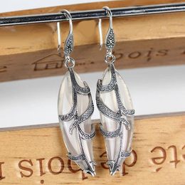 Baumeln Ohrringe Echt 925 Sterling Silber Blatt Form Ohrring Für Frauen Vintage Natürliche Steine Tropfen Weiblichen Retro Thai Schmuck