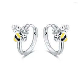 Hoop Earrings 925 Sterling Silver Yellow Honey Bee Ear Buckles Insect Pave Setting CZ For Women Fine Jewellery Huggies BSE808