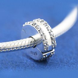925 Sterling Silver Double Lined Pave Clip Stopper Charm Bead With Clear Cz Fits European Jewellery Pandora Style Charm Bracelets