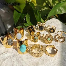 Cluster Rings HangZhi 2023 Stainless Steel Vintage Natural Stone Glazed Geometric Open Round Black Enamel For Women Jewellery