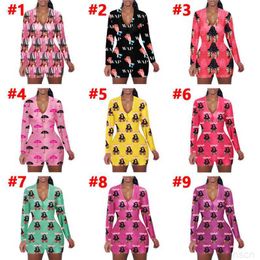 Women Designers Clothes 2023 Jumpsuit Sexy Slim Casual Pattern Printed Long Sleeve Shorts Ladies Fashion Home Onesies Rompers