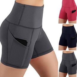 Yoga Outfit Gym Jogging Running Shorts Women High Waist Lifting Push Up Tight Sports Pocket Fitness Short Pant 230406
