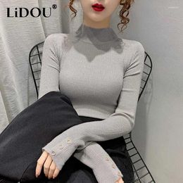 Women's Sweaters 2023 Autumn Winter Solid Colour Fashion Half High Collar Sweater Women Street Casual Long Sleeve Button Slim Pullovers
