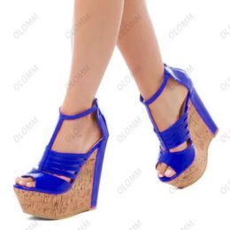 Olomm New Arrival Women Platform Sandals Wedges Heels Open Toe Beautiful Black Blue Party Shoes US Plus Size 5-20