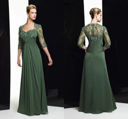 Dark Green Chiffon Mother Of The Bride Dresses With 3/4 Long Sleeves Lace Beaded Pleated Women Formal Evening Gowns Long A Line Groom Mother's Dress For Wedding CL2126