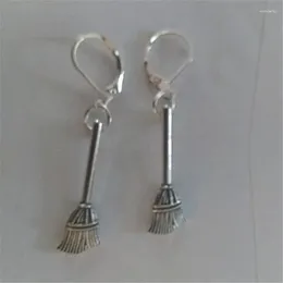 Dangle Earrings Metal Broom Charm Tibetan Silver Colour Halloween Themed Dangly Lever Back Hook