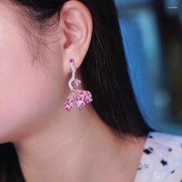 Stud Earrings Pink Flower Earring For Women Fine Jewellery 925Sterling Silver With Cubic Zirconia Elegant Cute Romantic Party Birthday Gift