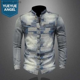 Men's Casual Shirts 2022 Vintage Personality Patches Cotton Denim Shirt Autumn Mens Slim Fit Long Sleeve Jeans Tops Distressed Casual Cowboy Shirt Q231106
