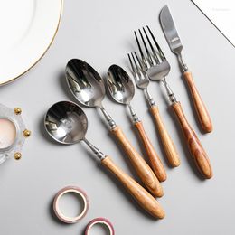Dinnerware Sets 304 Stainless Steel Yellow Pear Wood Tableware Western Knife Fork Spoon Round Set Wholesale