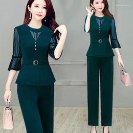 Women's Two Piece Pants Summer Outfits Fashion Solid Colour Crop Top Set Lace Splicing Plus Size Women Blouse Office Clothing