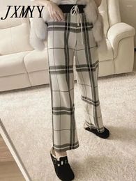 Women's Pants JXMYY 2023 Autumn/Winter Fashion Chic Knitted Wide Leg High Waist Straight Loose Retro Casual Plaid Wool