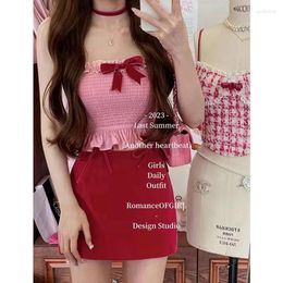 Work Dresses Sweet Y2K Women 2 Pieces Set Kawaii Pink Bow Tank Top Blouse Sexy Slim Mini Skirts Girls Elegant Casual Suits 2023 Designer