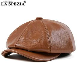 Berets LA SPEZIA Genuine Leather Newsboy Cap Men High Quality Octagonal Hat Autumn Winter Beret Real Cowskin Flat CapL231106