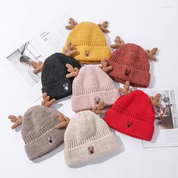 Beanies Beanie/Skull Caps Korea Autumn Antlers Knitted Hat Women Vintage Winter Fashion Embroidery Warm Harajuku Outdoor Casua Ltravel Cold