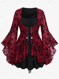 Women's T Shirts ROSEGAL Plus Size T-Shirts Gothic Flocking Cross Flower Pattern Mesh Panel Lace-up Top Women Autumn Winter Bell Sleeve Tees