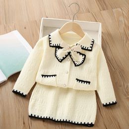 Kids Girls' Sweater Suit Autumn Girls' Bowknot Long Sleeve Cardigan Coat + Skirt Two-piece Children's Knit Set