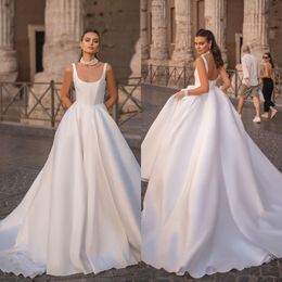 Berta en linje klänningar för brudband baklösa satin bröllopsklänning vestidos de novia designer brudklänningar