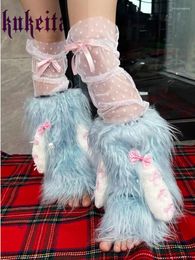 Women Socks Harajuku Y2k Pink Blue Long Ear Bow Leg Warmer Japanese Kawaii Plush Faux Fur Warm Cover Lolita Cute Boots Sock