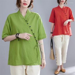 Ethnic Clothing Hanfu Women Retro Women's Cotton Linen Shirt Summer Diagonal Collar Stand Cardigan Loose Large Size Chinese Tang Suit