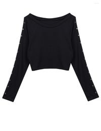 Women's T Shirts Black Shirt Women Long Sleeve Cold Shoulder Tops 20236 Autumn Loose Tees Sexy Ladies Round Neck Cut Out Bandage T-shirt