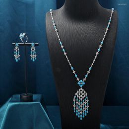 Necklace Earrings Set 3PCS Turquoise Long For Women Necklace/Earrings/Ring Jewelry Tassels Pendant Wedding Bridal Jewellery