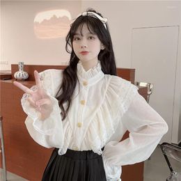 Women's Blouses NKSFFA Frilled Flared Sleeve Chiffon Shirt With Wooden Ears Women Stand-up Collar Stitching Lace Ruffle
