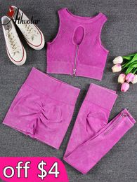 Yoga Outfits ATHVOTAR 1234 Pcs Zipper Ribbed Set Women Sports Gym Clothes Seamless Tracksuit for Fitness Suits Woman 230406