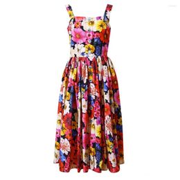 Casual Dresses Summer Sicily Flower Holiday Tank Dress Women's Slash Neck Spaghetti Strap Beaded Buttons Floral Print Pleated Vestidos