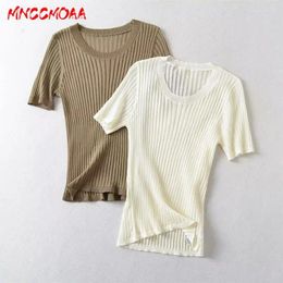 Women's T Shirts MNCCMOAA 2023 Summer Woman Fashion Ribbed Round Neck Short-Sleeved T-Shirt Female Solid Colour Casual Loose Top