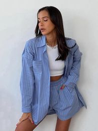 Women's Sleepwear Hiloc Blue Striped Cotton Women High Waist Single-Breasted Pyjamas Set Pocket Turn Down Collar Loungewear 2023