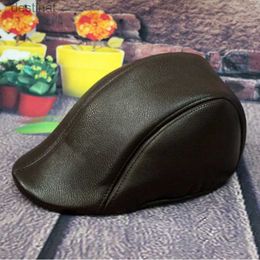 Berets Formal Business Women Men Beret Hat PU Leather Men Newsboy Cabbie Ivy Cap Black Brown Classical Mode Collocation SuitL231106