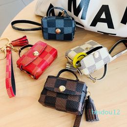 Mini Bag Keychains Personality Simple Coin Purse Earphone Storage Plaid Bag Key Charm Gift for Girlfriend