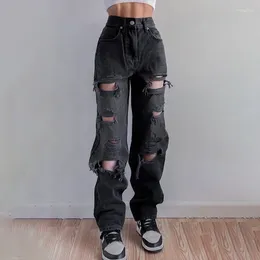 Women's Jeans Streetwear Straight Pants Ladies Ripped Mid Waist Loose Wide Leg Y2K High Street Cargo Black