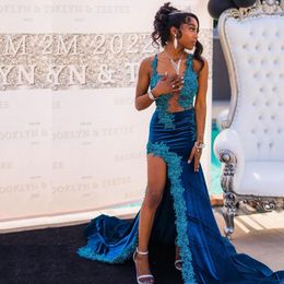 Sexy Blue Mermaid Prom Dresses High Slit With Applique Beaded Graduation Gowns Velvet Sweep Train Black Girls Evening Party Dress