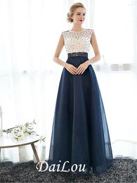 Party Dresses A-Line Beautiful Back Elegant Beaded&Sequin Prom Formal Evening Dress Illusion Neck Sleeveless Floor Length Tulle Over Lace