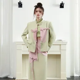 Two Piece Dress Woman's Autumn Chinese Style Bow Buckle Balzer Overskirt Suit Contrast Stitching Coat T-shirt Skirt Three-piece Set