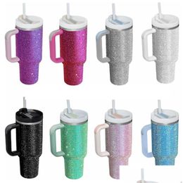 Mugs Commuter Travel New 10Pcs 40Oz Shiny Rhinestone Mug Tumbler With Handle Insated Lids St Stainless Steel Coffee Termos Cup W Dh3Io