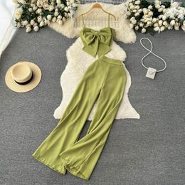 Women's Two Piece Pants Western Style Suit Bow Tie Tube Top Suspender High Waist Wide Leg Casual Trousers Summer Fashion 2 Pcs Set
