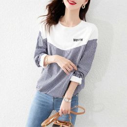 Women's T Shirts Female 2023 Autumn Loose Office Lady 3/4 Sleeve Fashion Korean Casual O Neck Plaid Patchwork All-match Tees Shirt Women