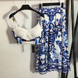 Vintage Print Sling Vest Dress Sets For Women Fashion Sexy Tank Top High Waist Skirts Party Wedding