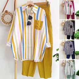 Women's Two Piece Pants 2Pcs/Set Chic Lady Outfit Set Soft Blouse Suit Casual Daily Garment Stripes Tops Trousers