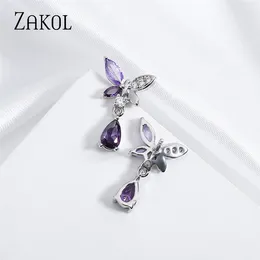 Dangle Earrings ZAKOL Fashion Purple Butterfly For Women Shiny Water Drop Zircon Earring Bridal Wedding Party Jewellery