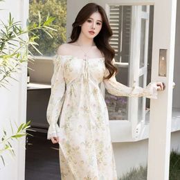 Sexy Nightdress Women Spring Summer Autumn Ice Silk Long-sleeved Pamas with Chest Pad Lace Printed Long Dress Thin Sectio