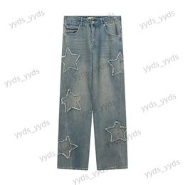 Men's Jeans High street loose pants Street ground white star raw hem straight casual jeans T230406