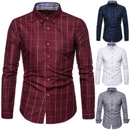 Men Shirt Plaid Print Long Sleeve Autumn Shirt Button Single-breasted Formal Top Mid Length Dress-up Men Business Shirt