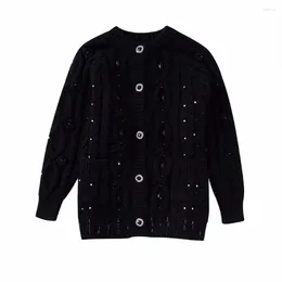 Women's Knits Fall 2023 Fashion Knit Cardigan Chic Retro V-neck Single Breasted Jewelry Decorated Quality Sweater Coat