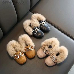 Sneakers Kids Fur Shoes Children Velvet Shoes Baby Girls Warm Flats Toddler Black Brand Shoes Princess Loafer Chain Moccasin For WinterL231106