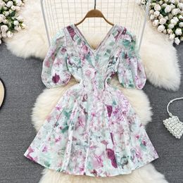 2023 Summer High end Light Luxury Style Dress V-neck Bubble Short Sleeves Wrapped Waist Show Thin A-line Ruffle Edge Fragmented Flower Dress