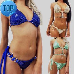 New Sexy Sequins Rhinestone Bikini Set Crystal Swimwear Halter Bandage Diamond Swimsuit Padded Bathing Suit Beach swimmingF